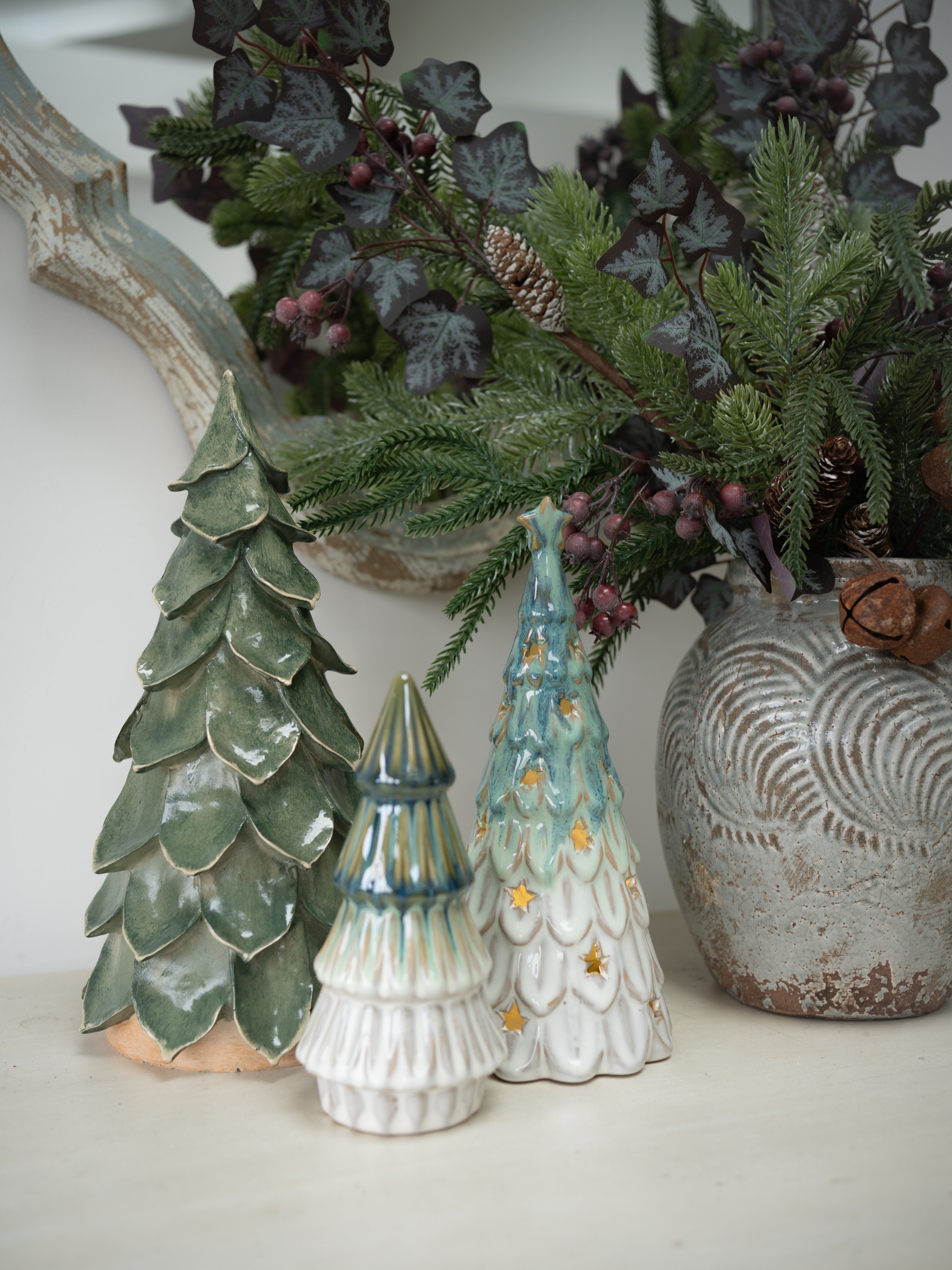 Ceramic Green Trees and Winter Branches Christmas Styling Bundle