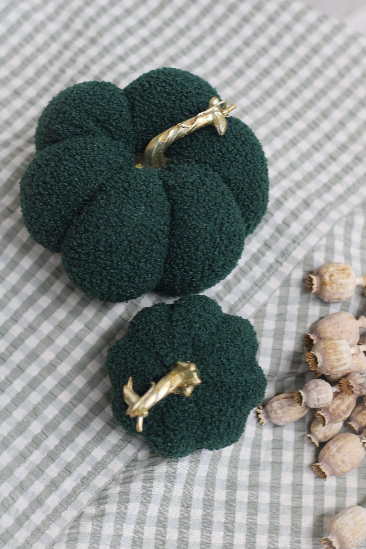 Moss Boucle Pumpkins with Gold Stalk | Set of 2