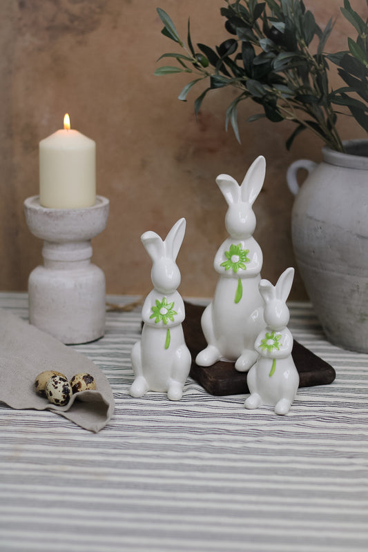 Green Floral Porcelain Bunnies | Set of 3