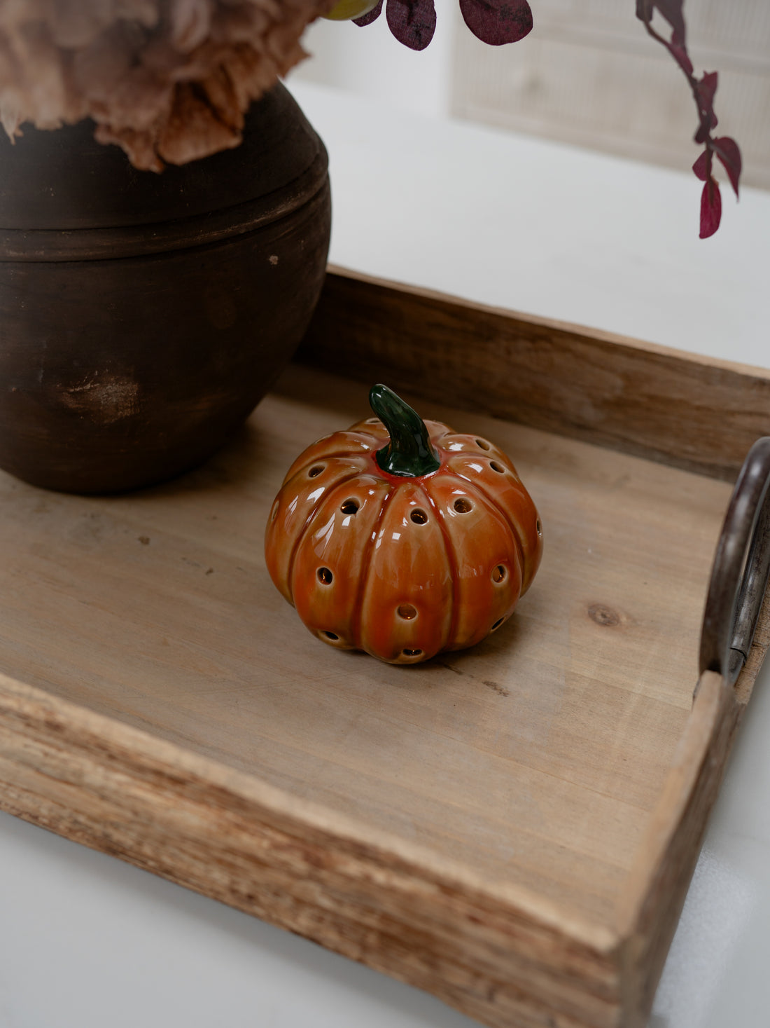 Stoneware LED Polka Dot Pumpkin Ornament