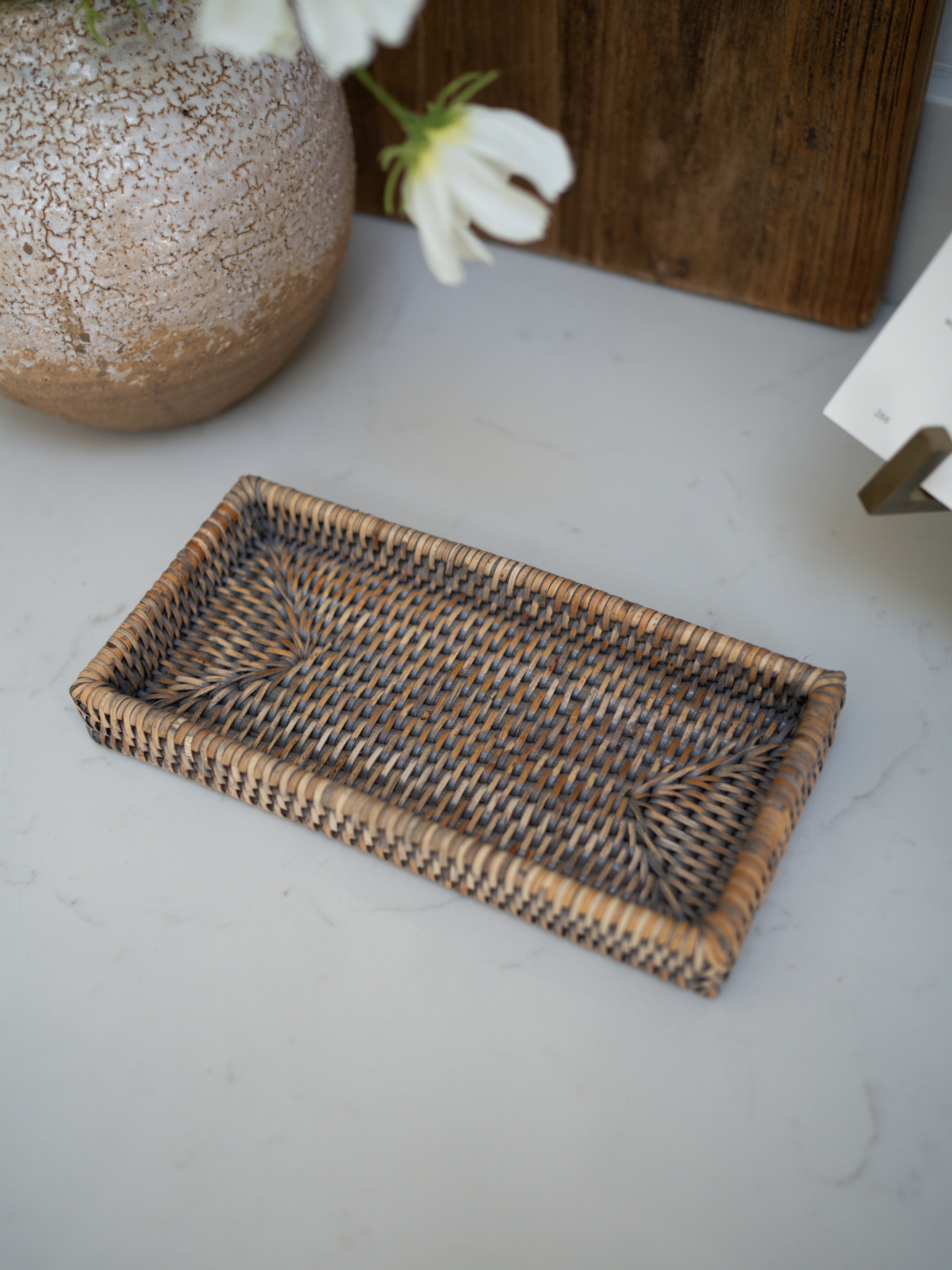Grey Washed Rattan Small Rectangular Tray