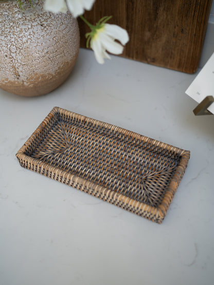 Grey Washed Rattan Small Rectangular Tray