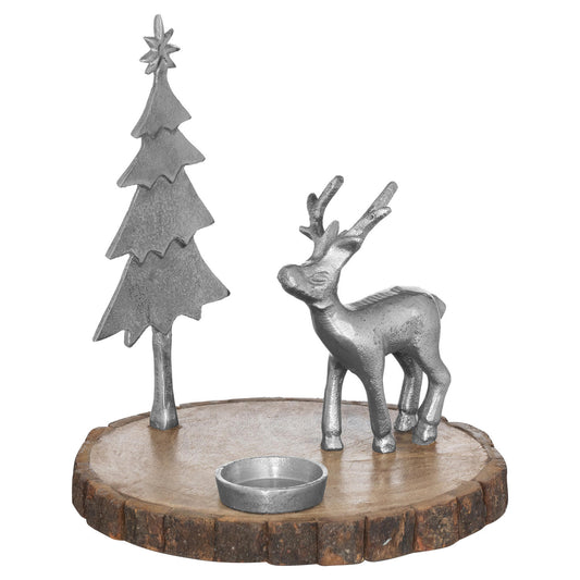 Rustic Stag and Tree Log Slice Candle Holder