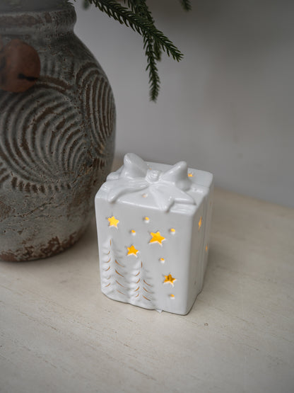 Ceramic LED Present with Bow and Trees