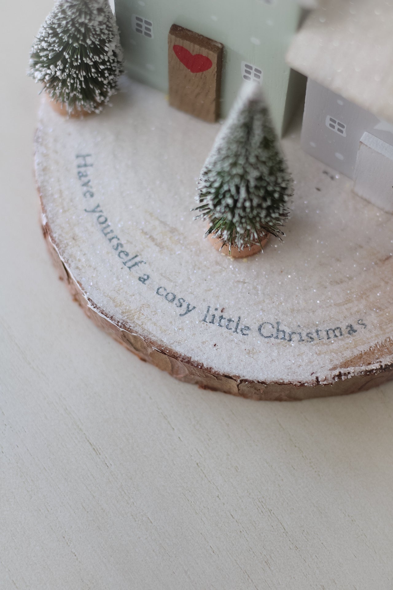 Merry Christmas Houses on Wooden Log Slice