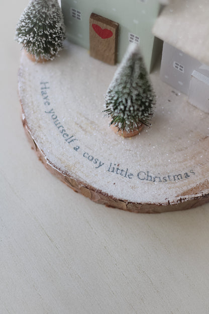 Merry Christmas Houses on Wooden Log Slice