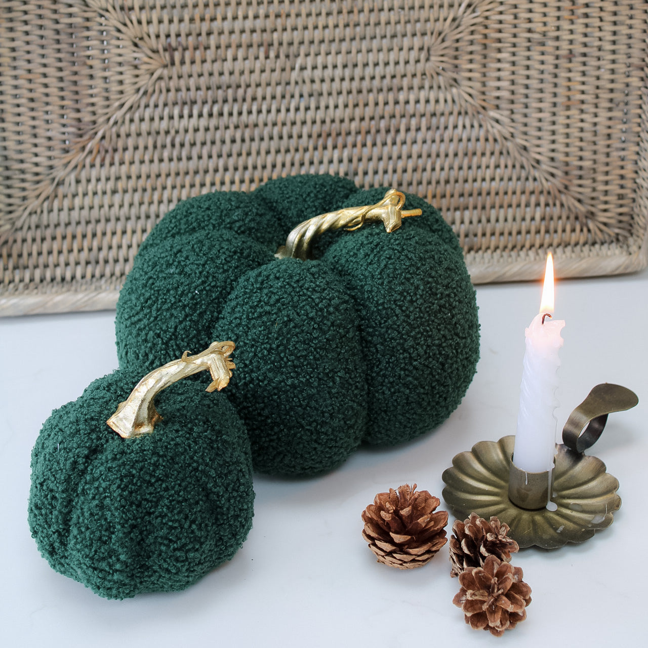 Moss Boucle Pumpkins with Gold Stalk | Set of 2