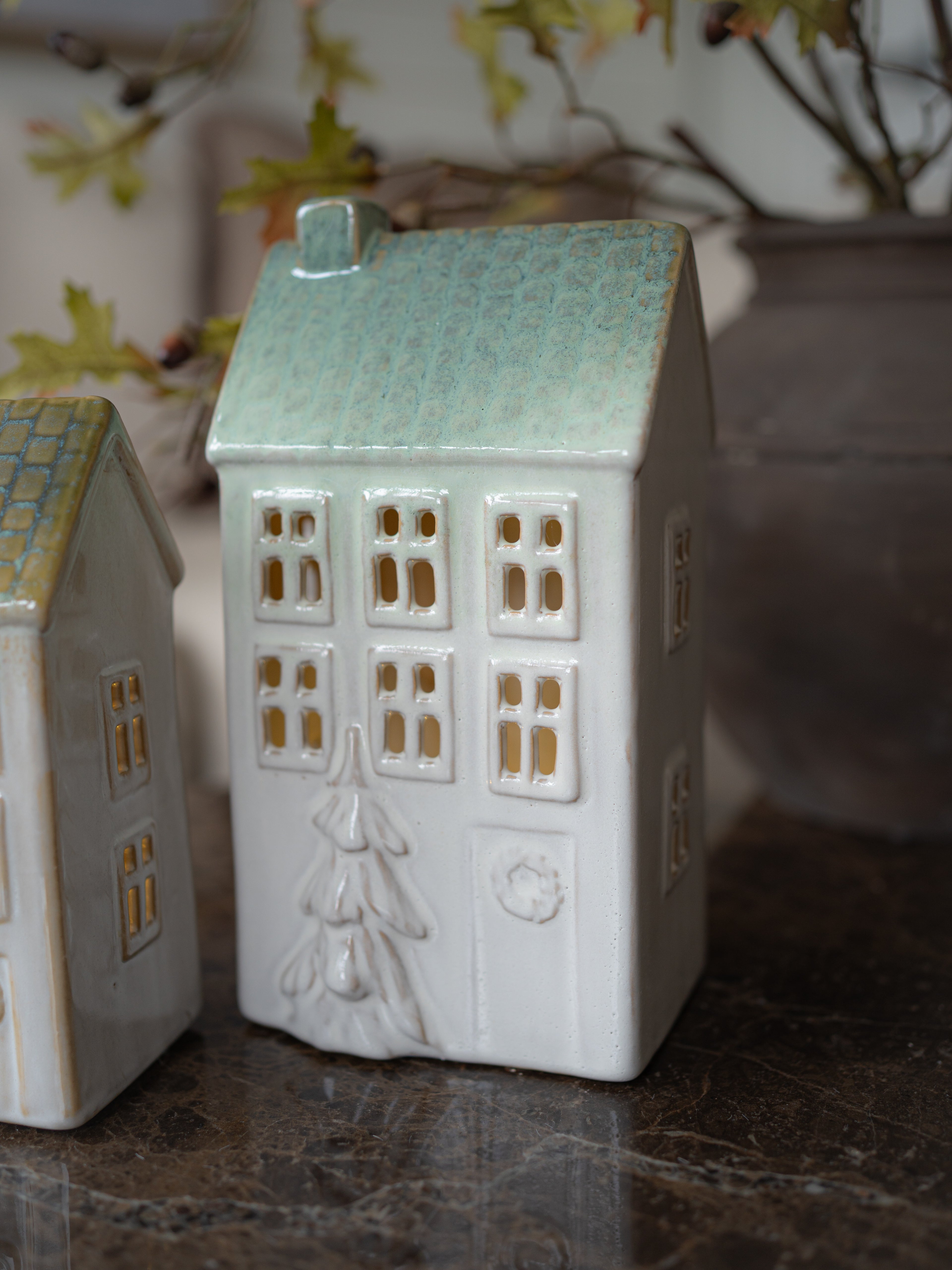 Pair of Porcelain LED Town Houses with Embossed Christmas Trees