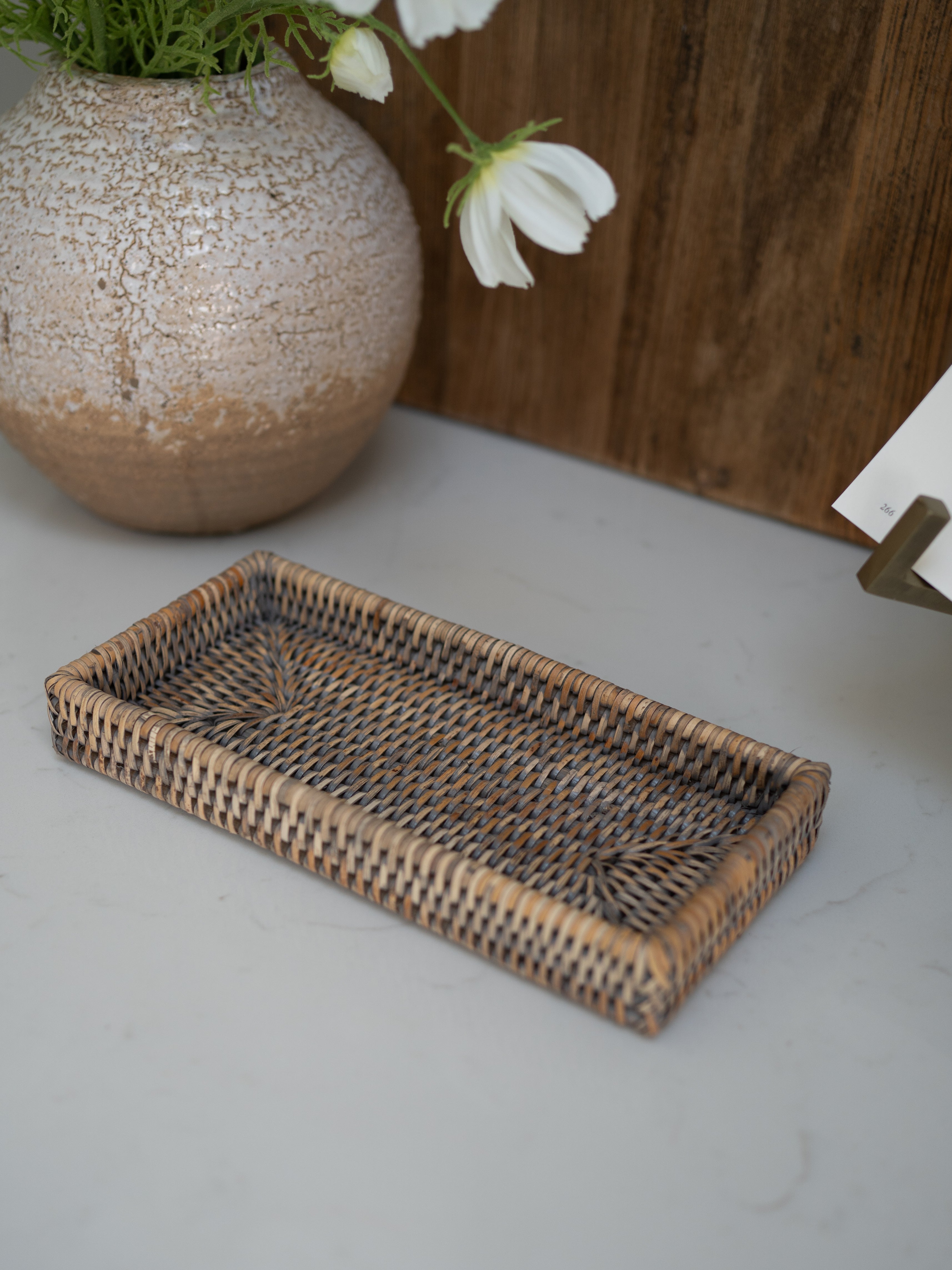 Grey Washed Rattan Small Rectangular Tray