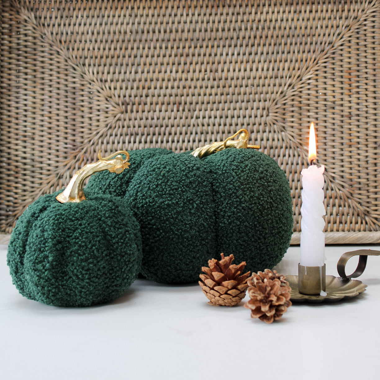 Moss Boucle Pumpkins with Gold Stalk | Set of 2