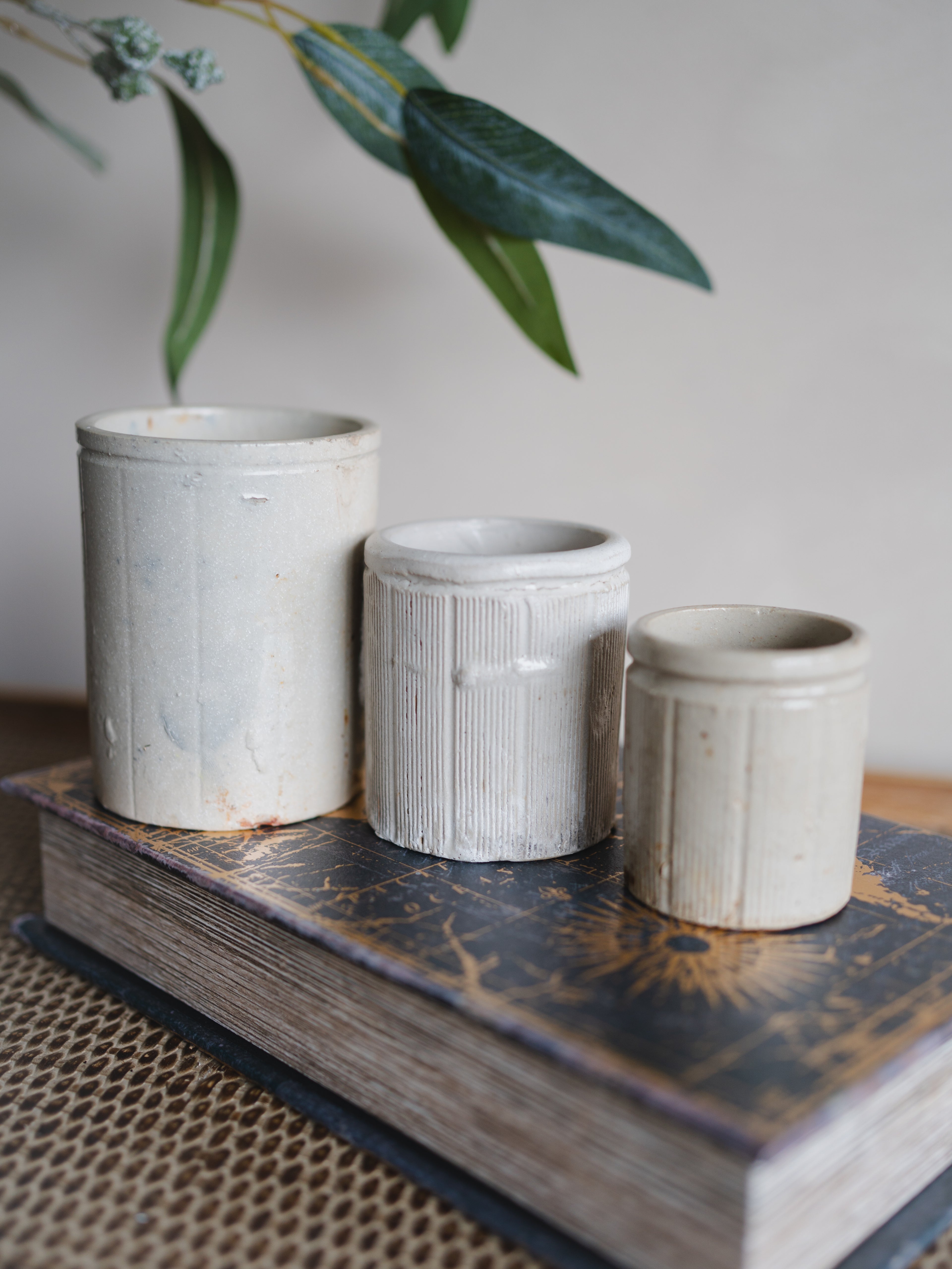 Vintage Cream Striped Stoneware Jars | Set of 3