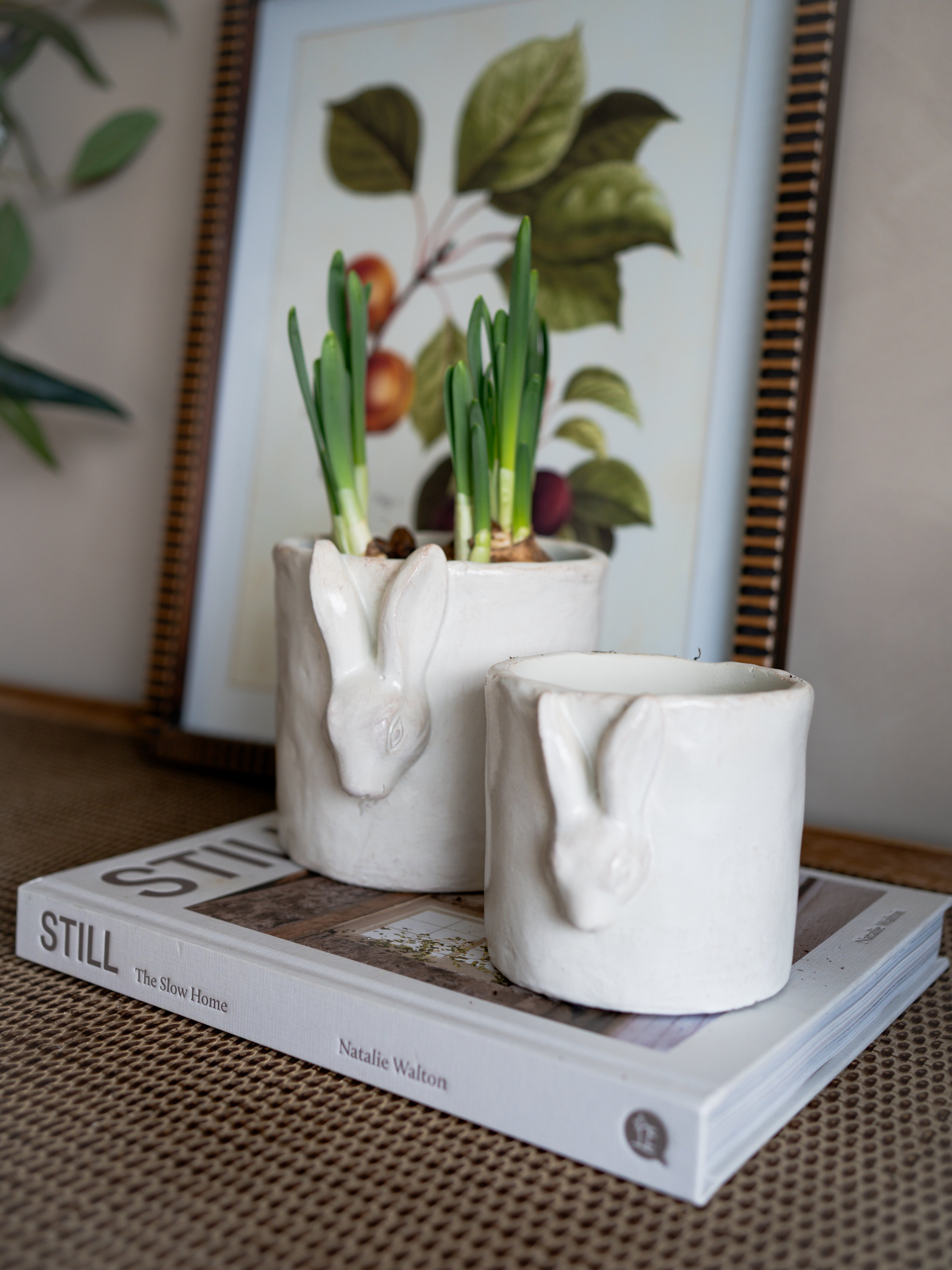 Two white ceramic planters with rabbit designs on a book, with a framed botanical print in the background.