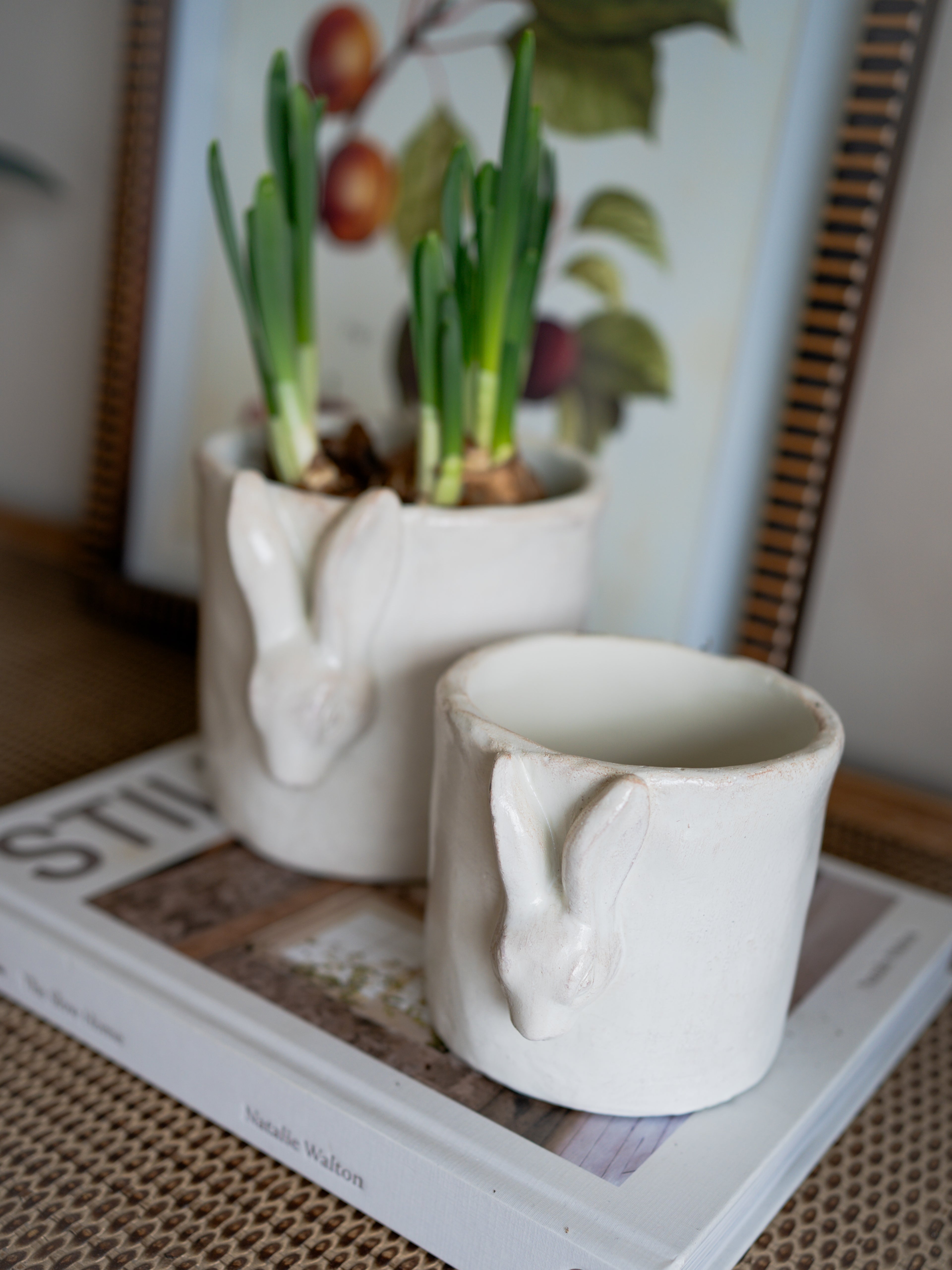 Two ceramic rabbit-shaped planters with small plants on a book