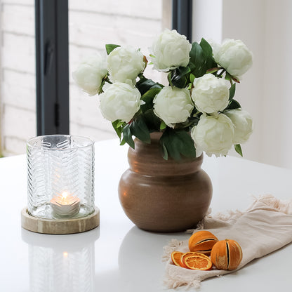 elegant brown vase with faux white peonies