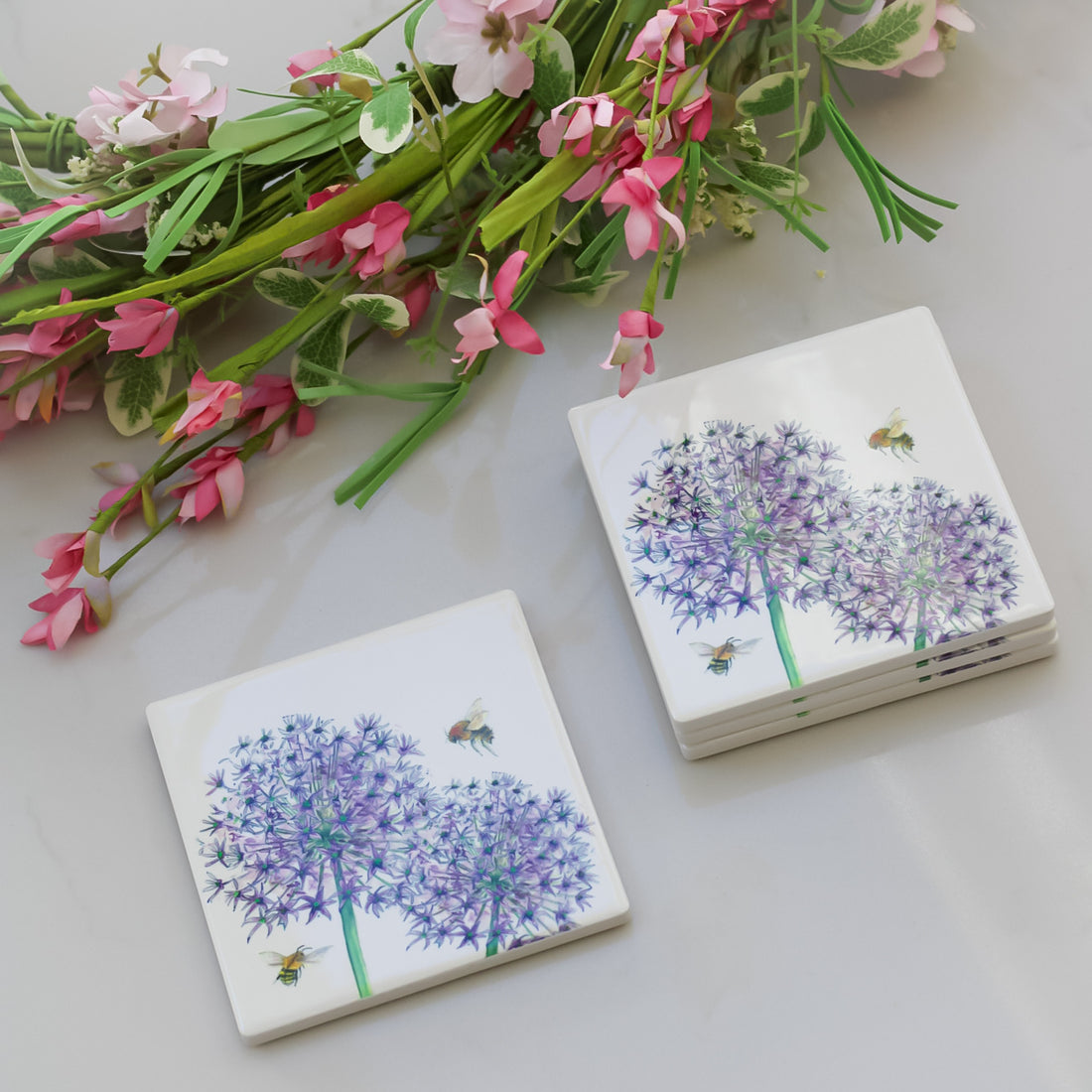 Spring Allium Ceramic Coasters | Set of 4