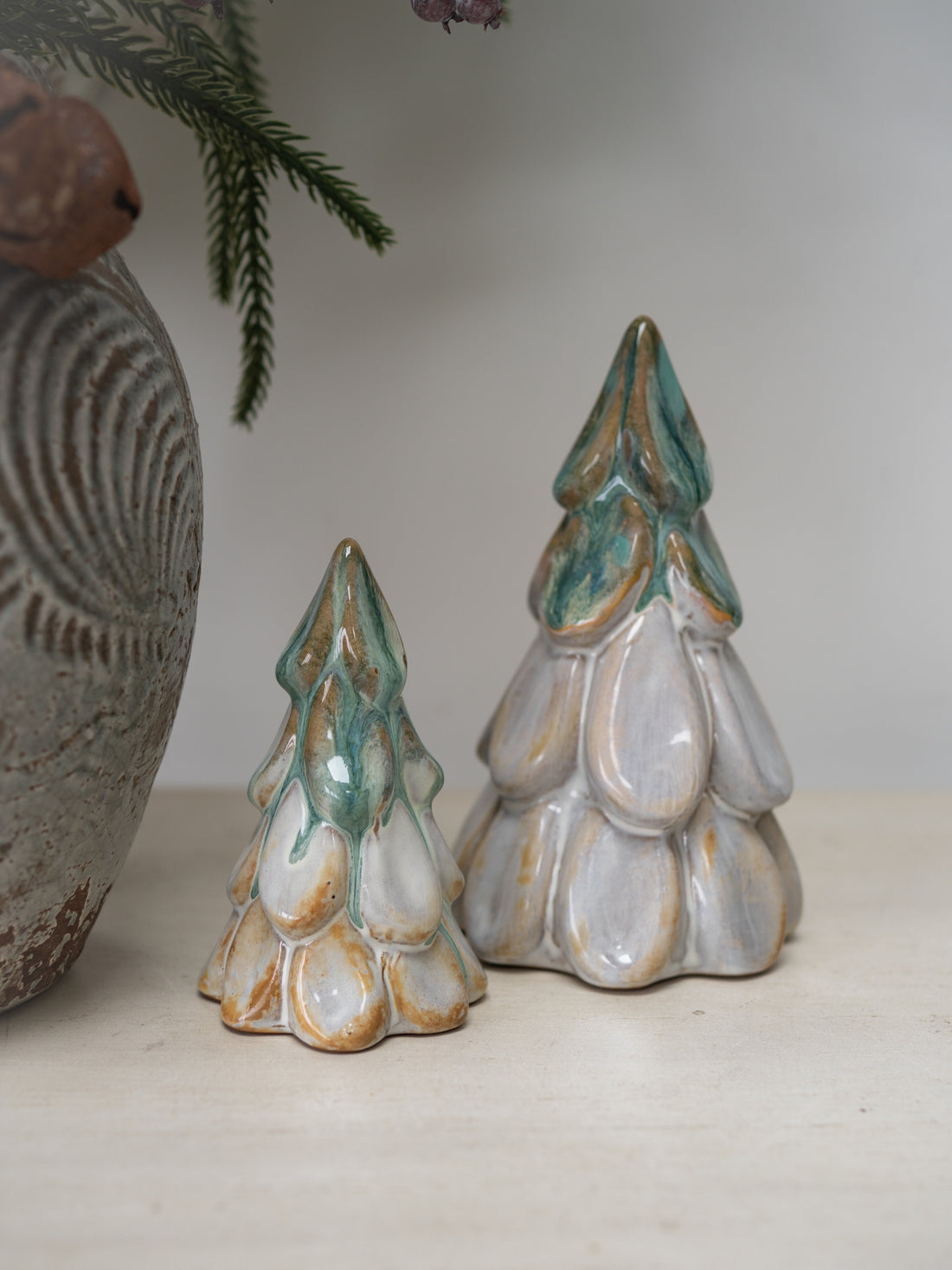 Set of Green &amp; White Ceramic Christmas Trees
