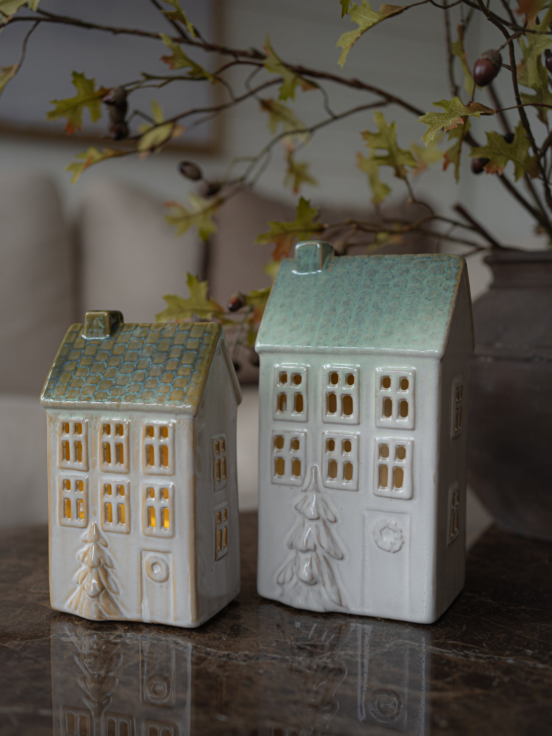 Pair of Porcelain LED Town Houses with Embossed Christmas Trees