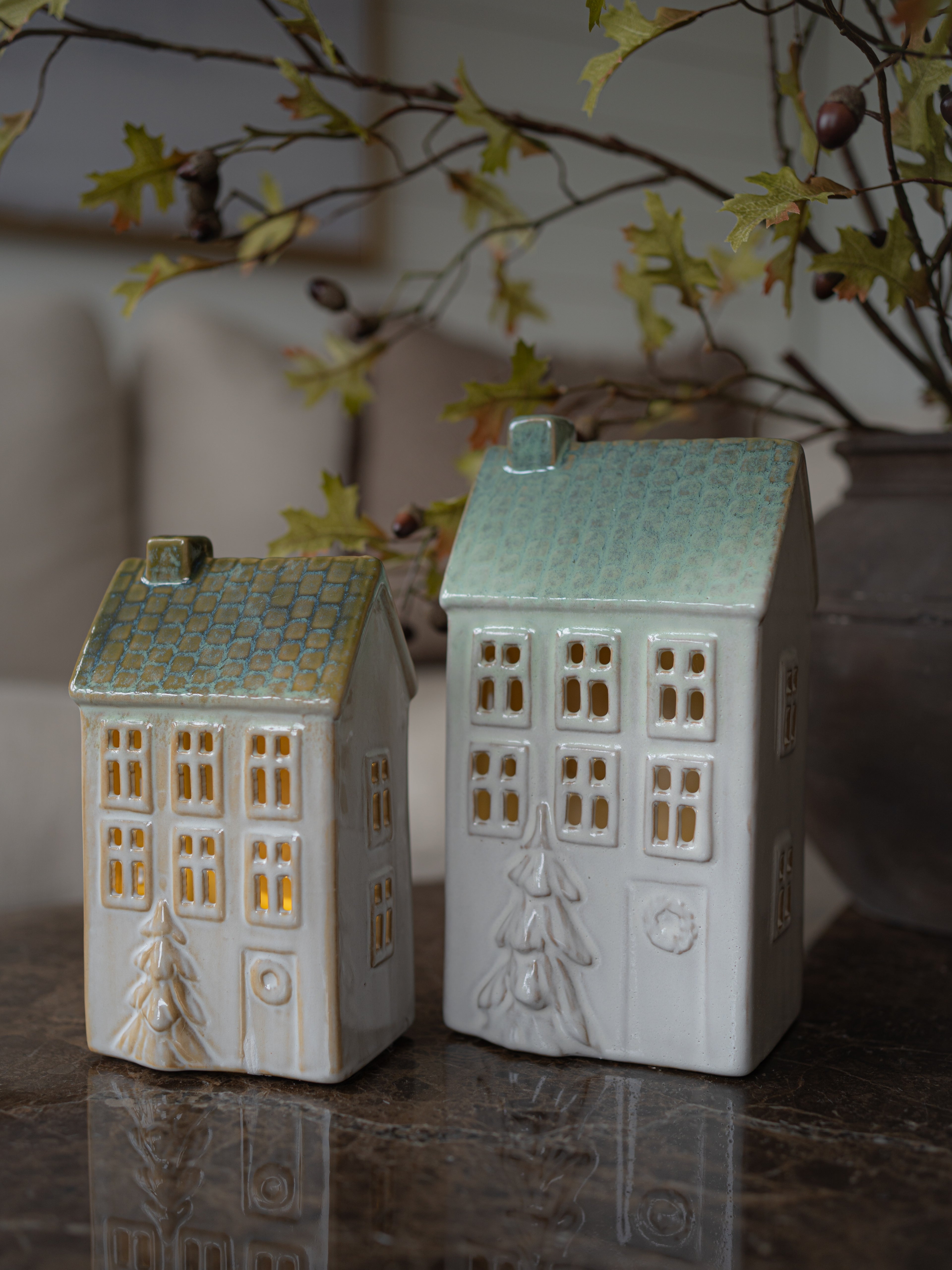 Pair of Porcelain LED Town Houses with Embossed Christmas Trees