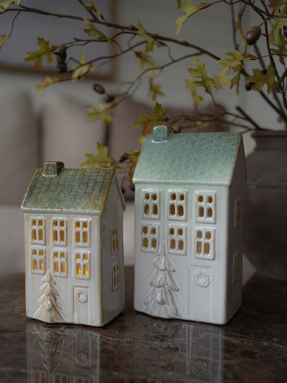 Pair of Porcelain LED Town Houses with Embossed Christmas Trees
