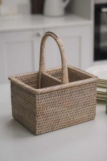 White Washed Rattan Flatware Caddy