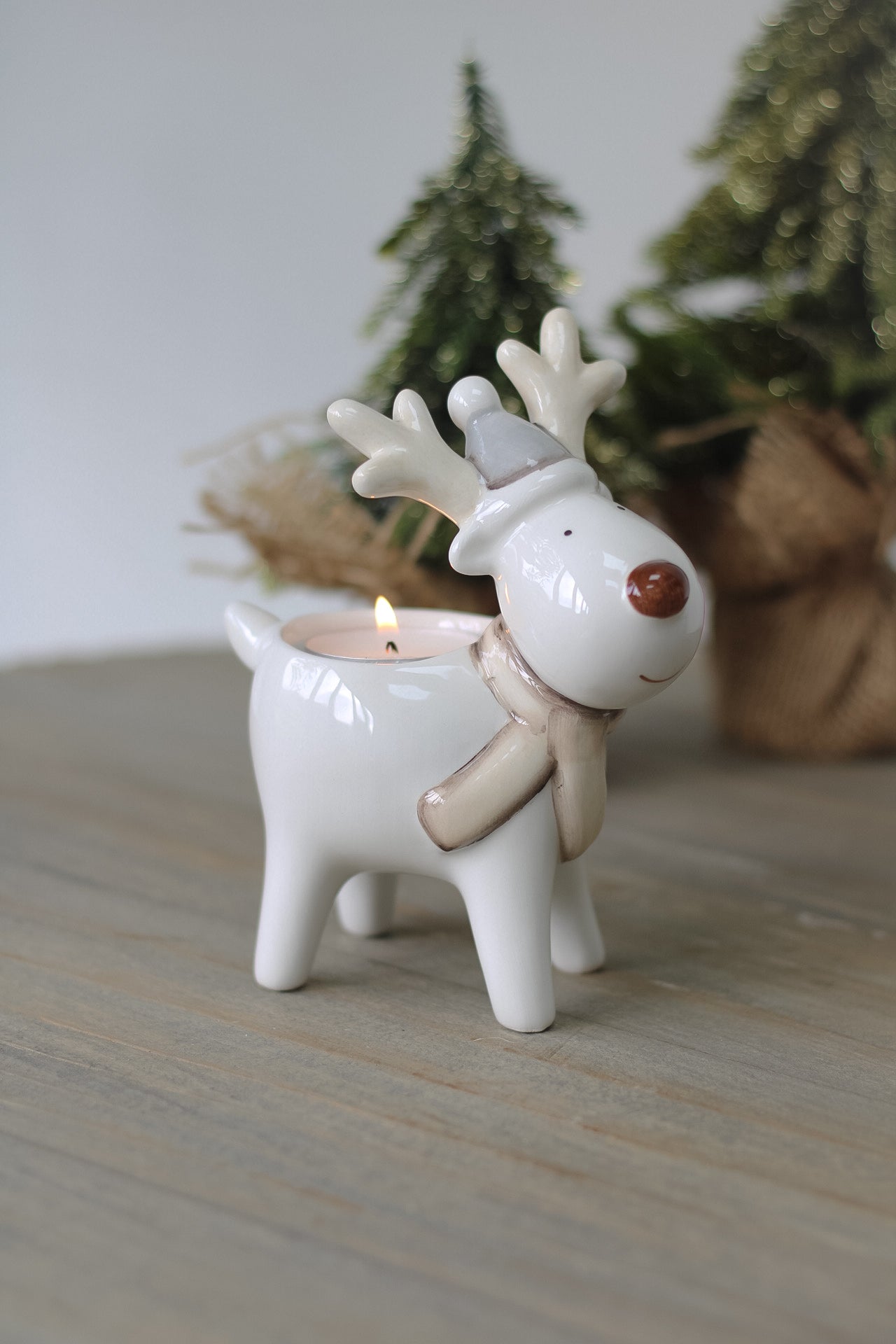 Grey and White Ceramic Reindeer Tea Light Holder