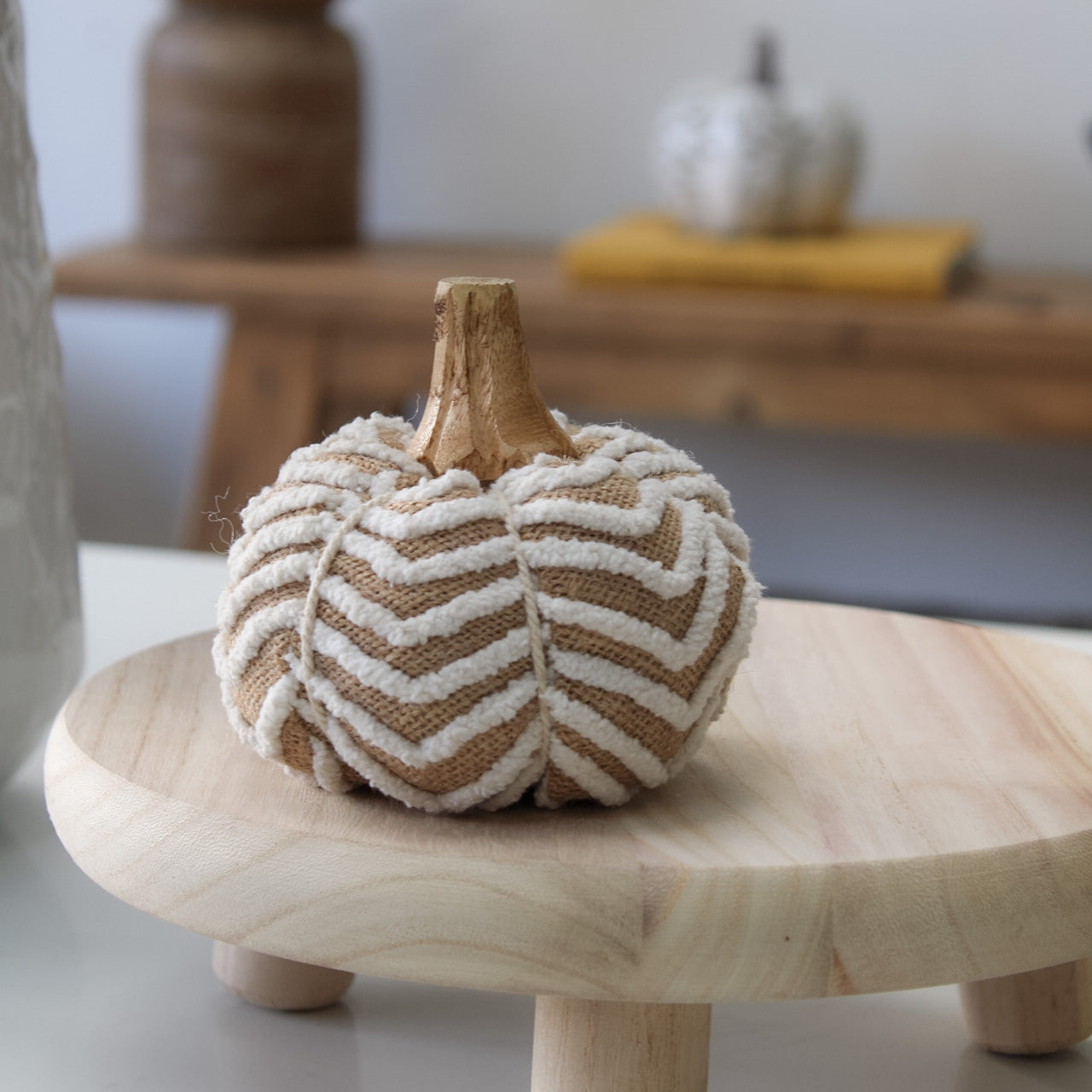 Neutral Cotton Pumpkin with Wooden Stalk