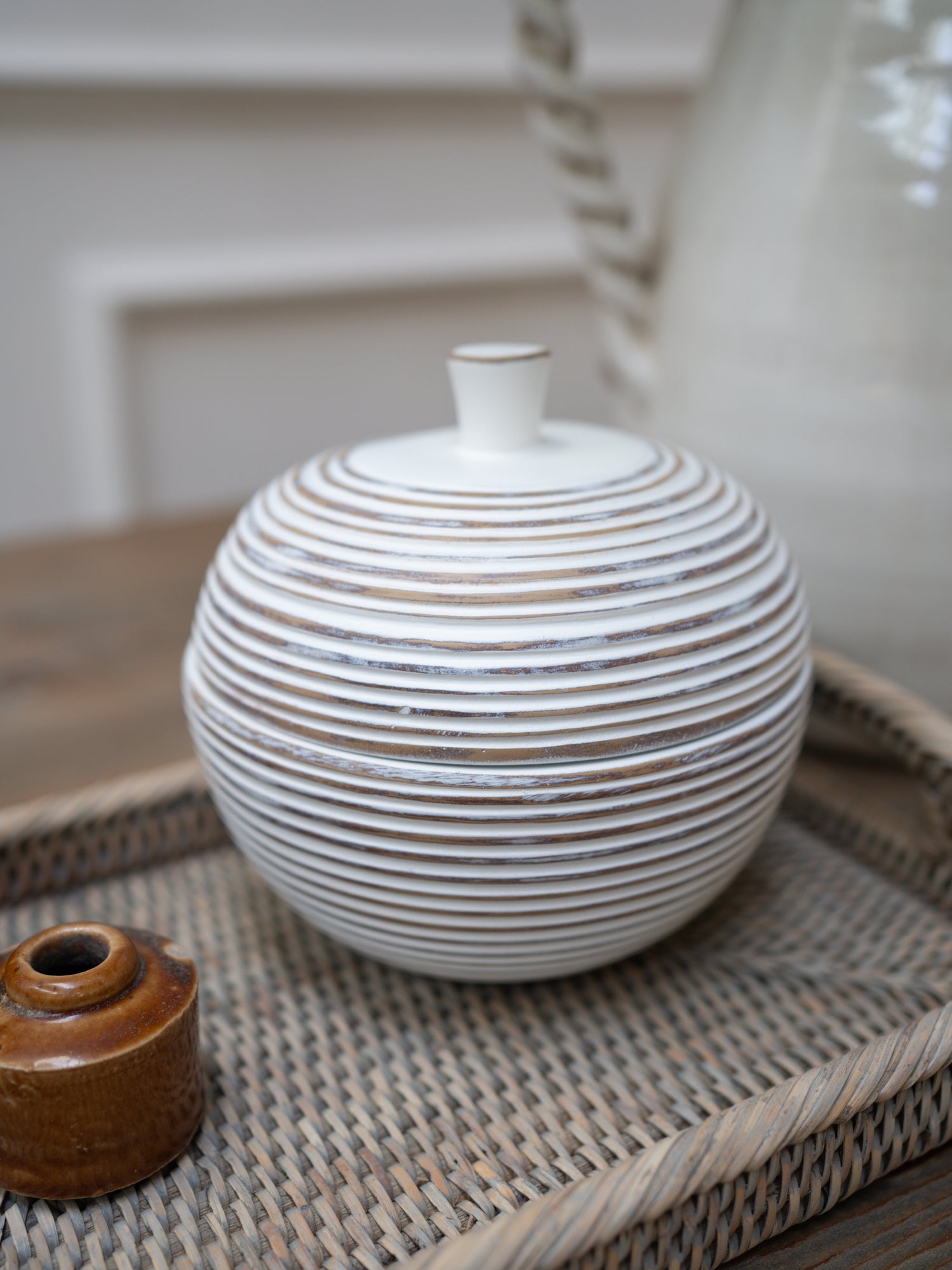 Whitewashed Ribbed Lidded Jar
