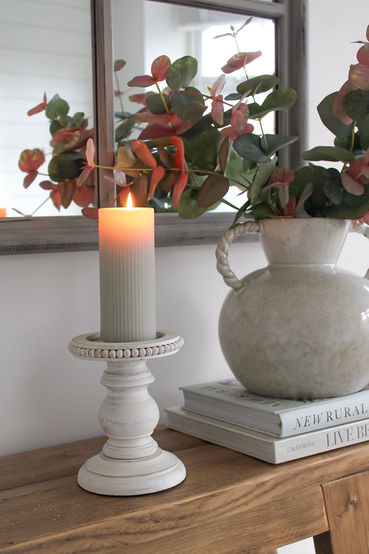 Rustic White Wooden Beaded Pillar Candle Holder