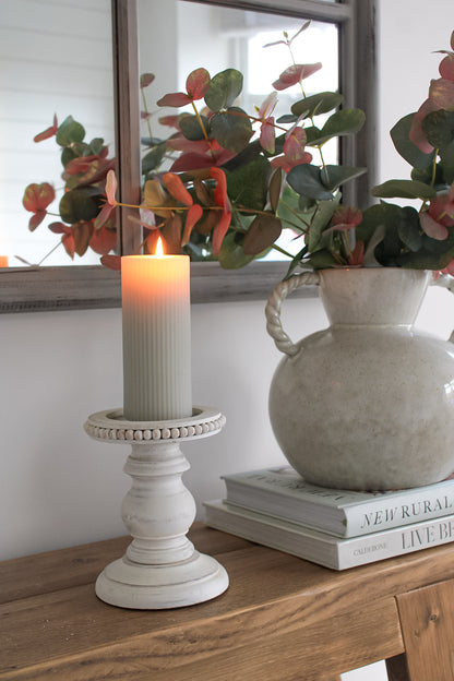 Rustic White Wooden Beaded Pillar Candle Holder
