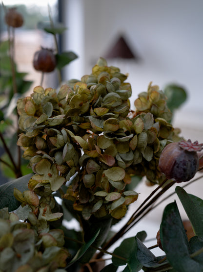 Faux Earth Green Hydrangea, Brown Poppy Head and Eucalyptus Floral Arrangement