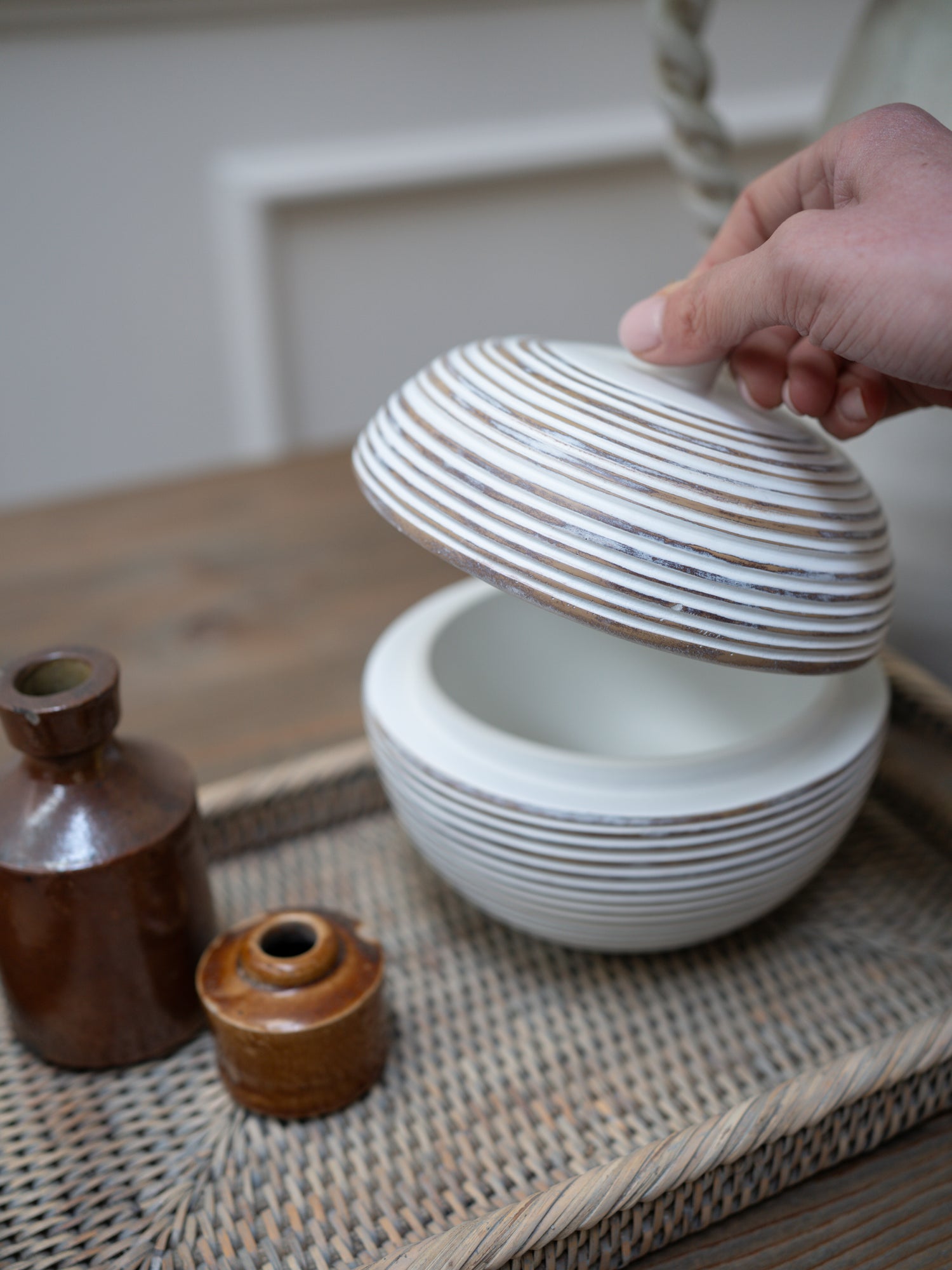 Whitewashed Ribbed Lidded Jar