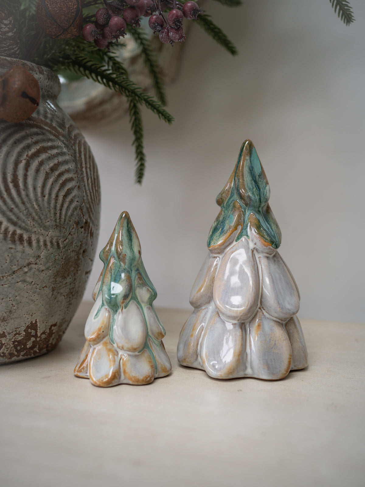 Set of Green &amp; White Ceramic Christmas Trees