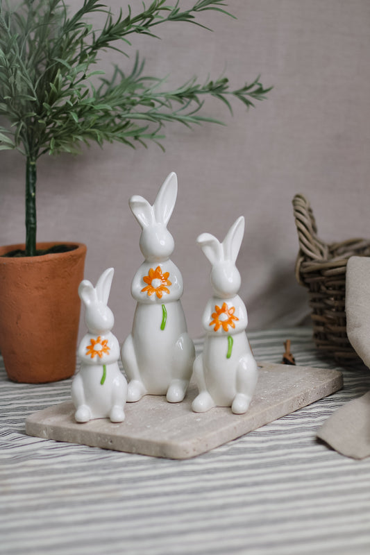 Orange Floral Porcelain Bunnies | Set of 3