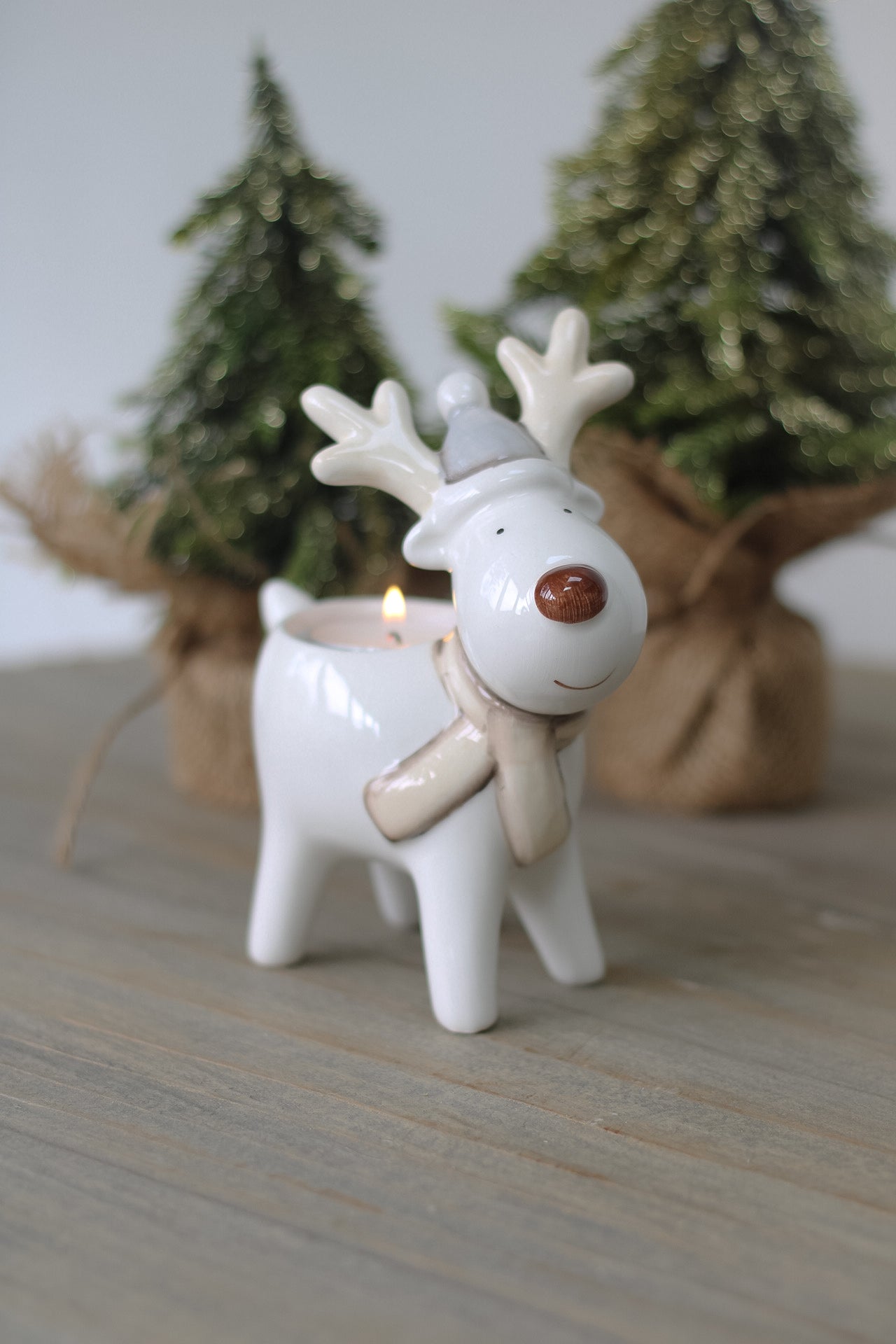Grey and White Ceramic Reindeer Tea Light Holder