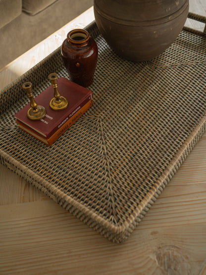 Grey Washed Rattan Ottoman Tray
