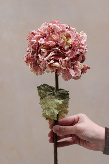 up close of faux pink dried hydrangea stem