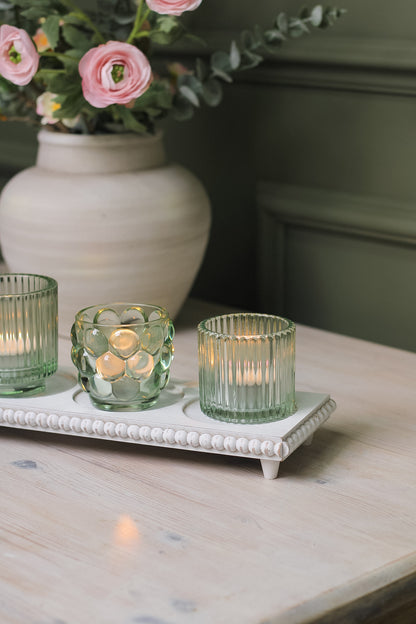 White Beaded Tray with Glass Tea Light Holders