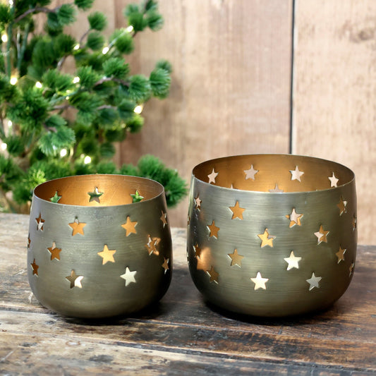 Antique Brass Star Tea Light Holders | Set of 2