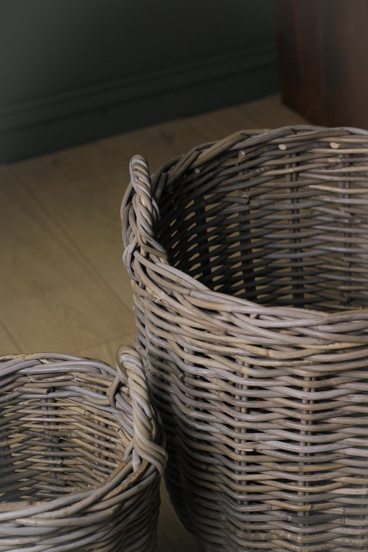Round Rustic Grey Washed Rattan Storage Basket