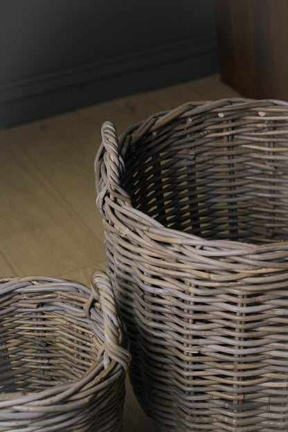 Round Rustic Grey Washed Rattan Storage Basket