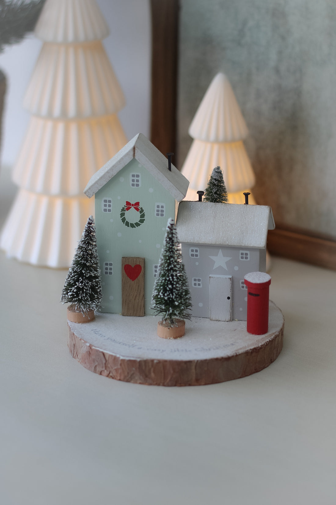 Merry Christmas Houses on Wooden Log Slice