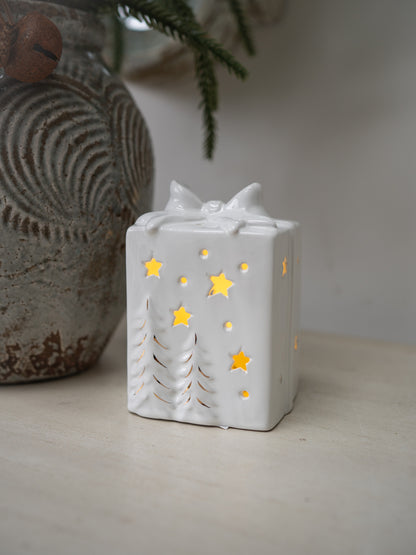 Ceramic LED Present with Bow and Trees
