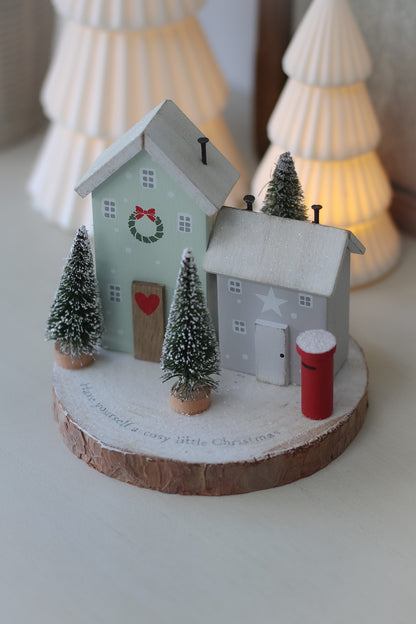 Merry Christmas Houses on Wooden Log Slice
