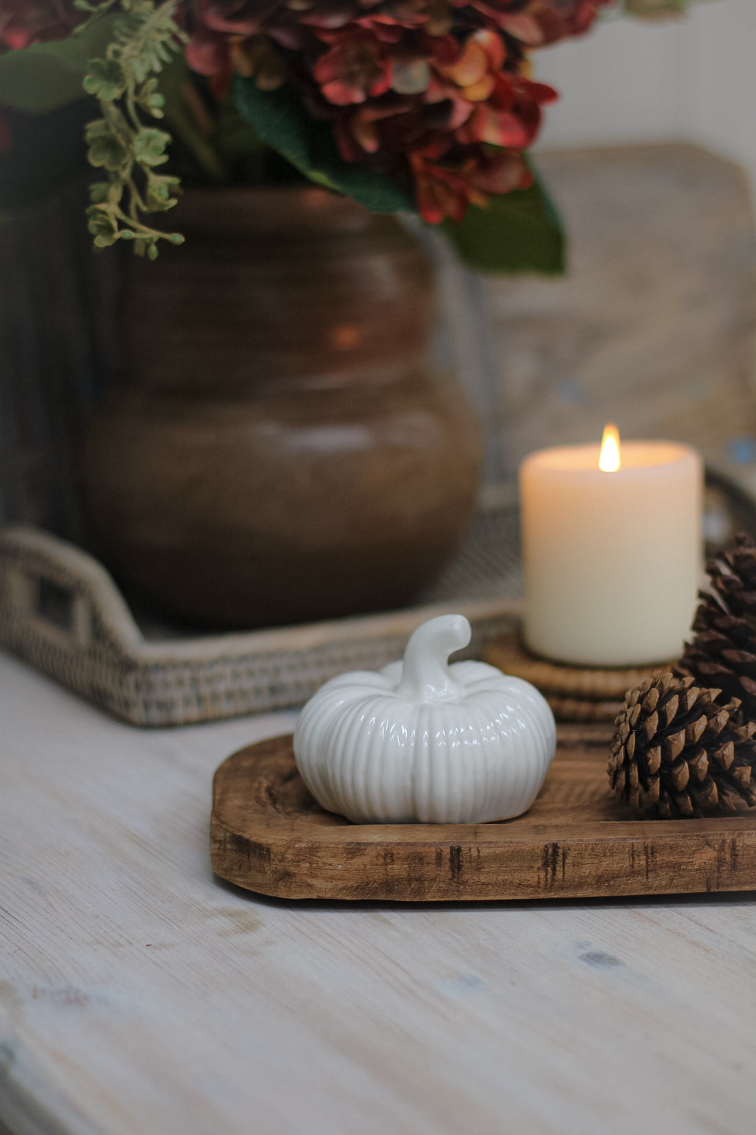 Small White Ribbed Ceramic Pumpkin