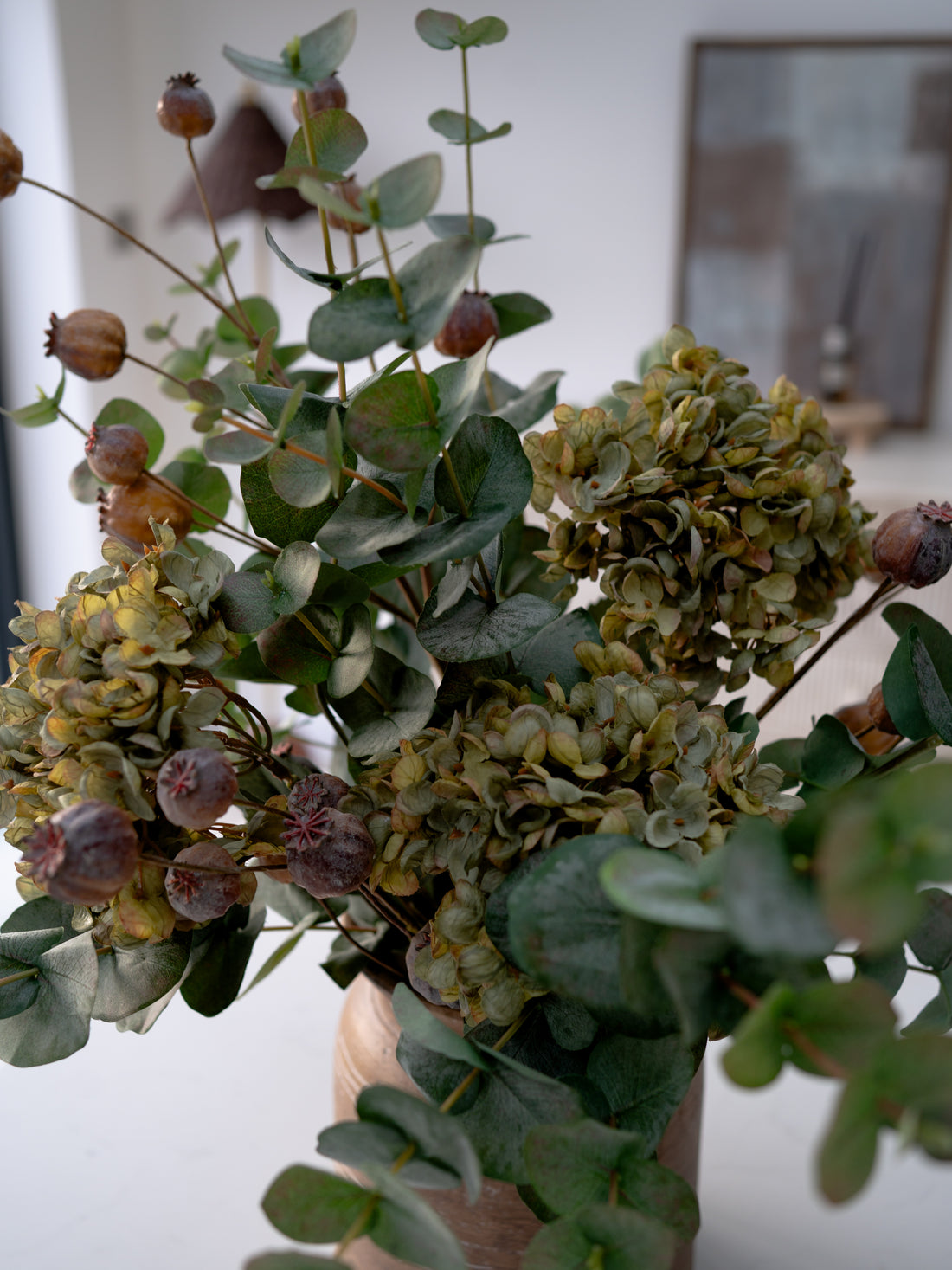 Faux Earth Green Hydrangea, Brown Poppy Head and Eucalyptus Floral Arrangement