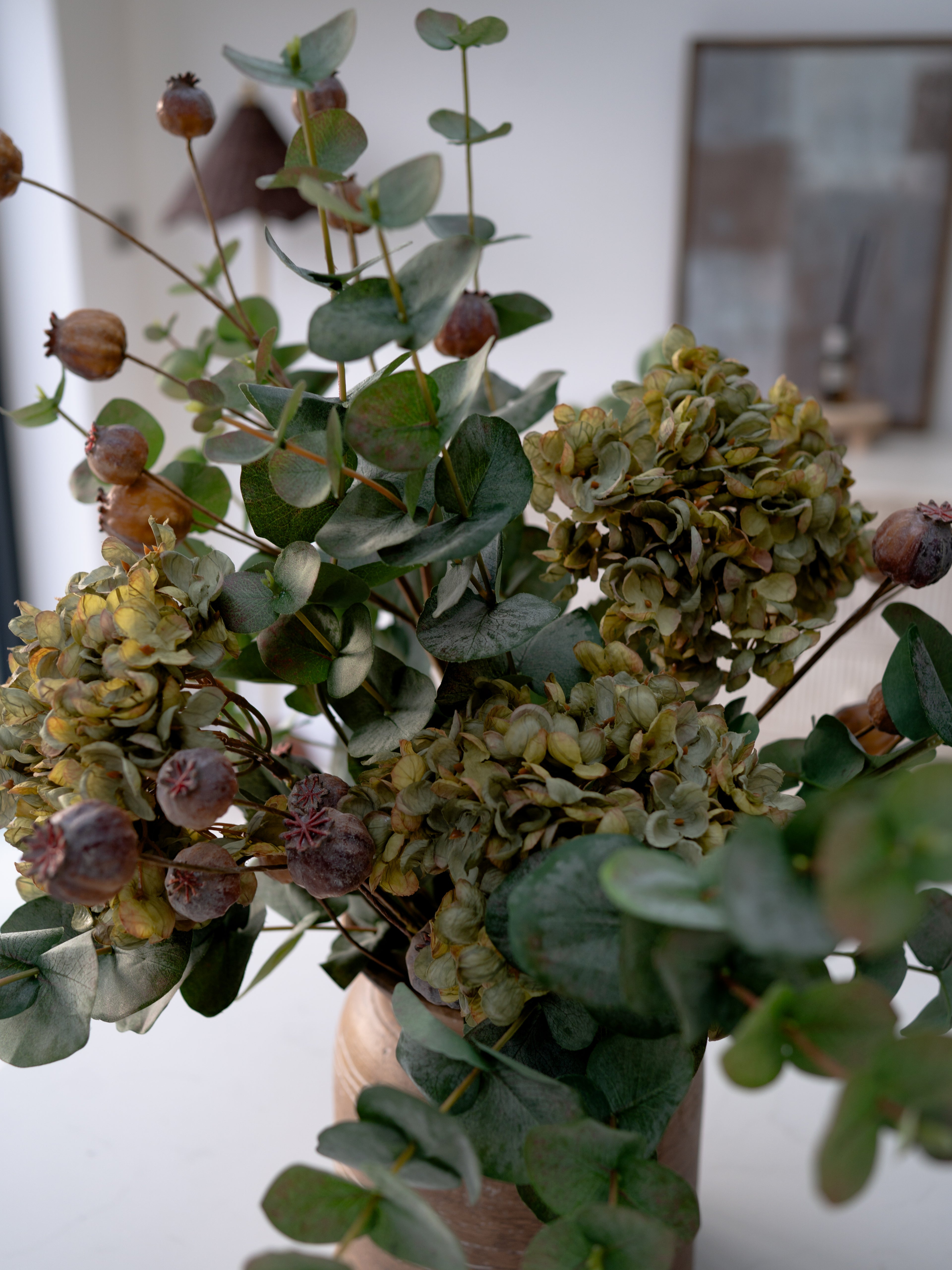 Faux Earth Green Hydrangea, Brown Poppy Head and Eucalyptus Floral Arrangement
