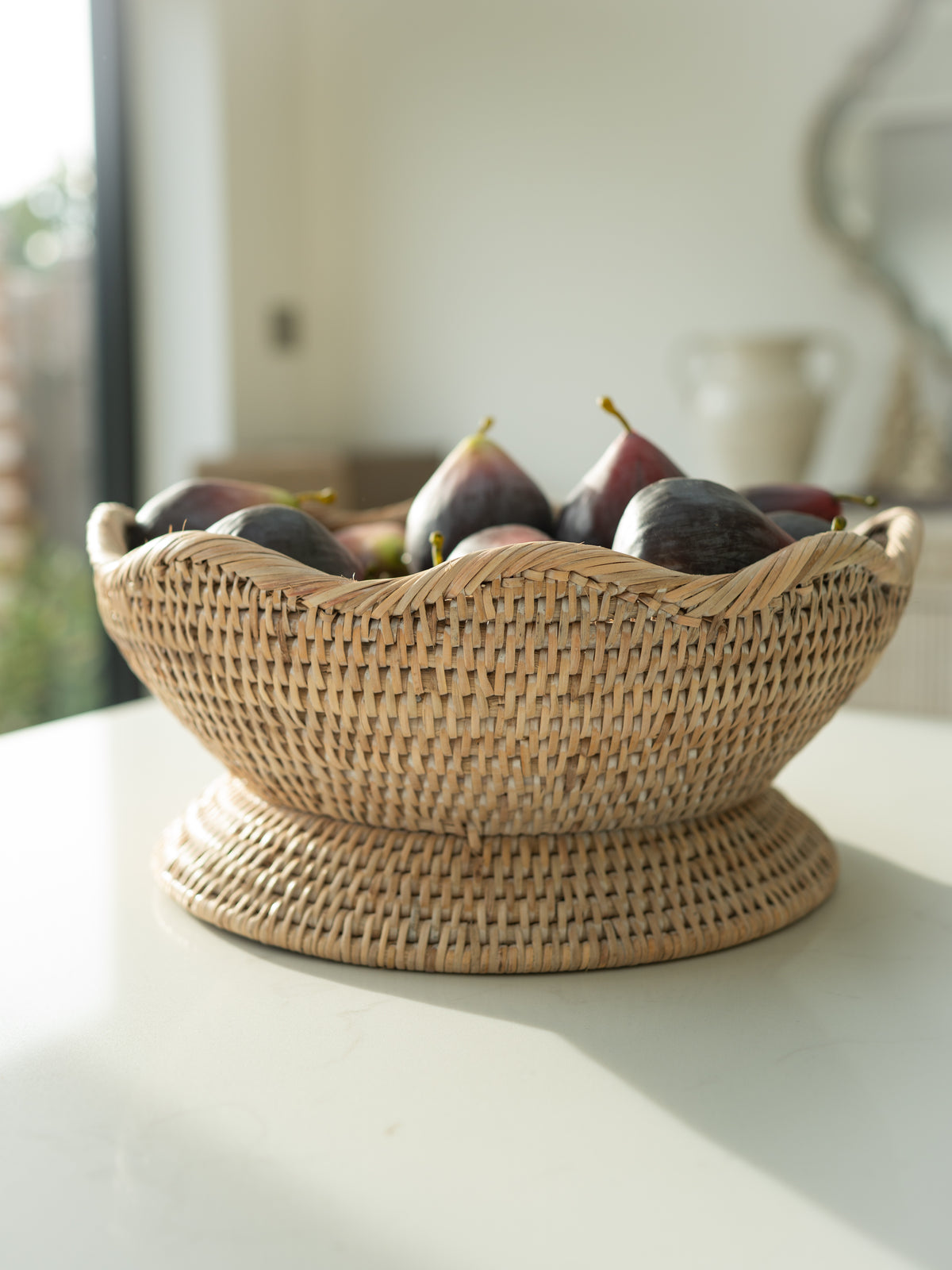 White Washed Rattan Scalloped Pedestal Bowl