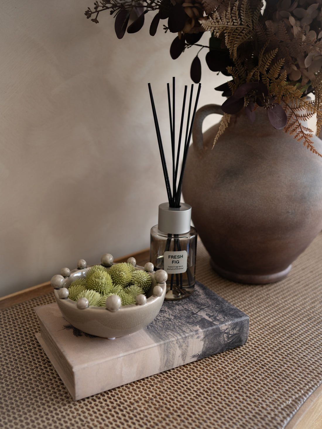 Small Grey Bobble Bowl, Fresh Fig Reed Diffuser and Faux Echinops Styling Bundle