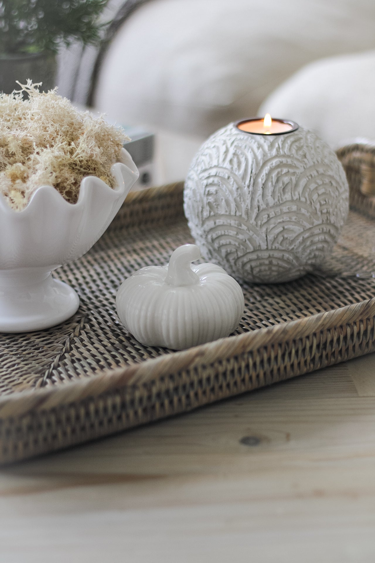 Small White Ribbed Ceramic Pumpkin