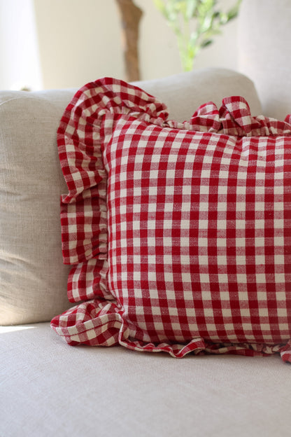 Red Gingham Ruffle Rectangular Cushion